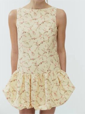 H&M Floral Bubble Hem Mini Dress - Boat Neck Balloon Skirt - Sz S EUC